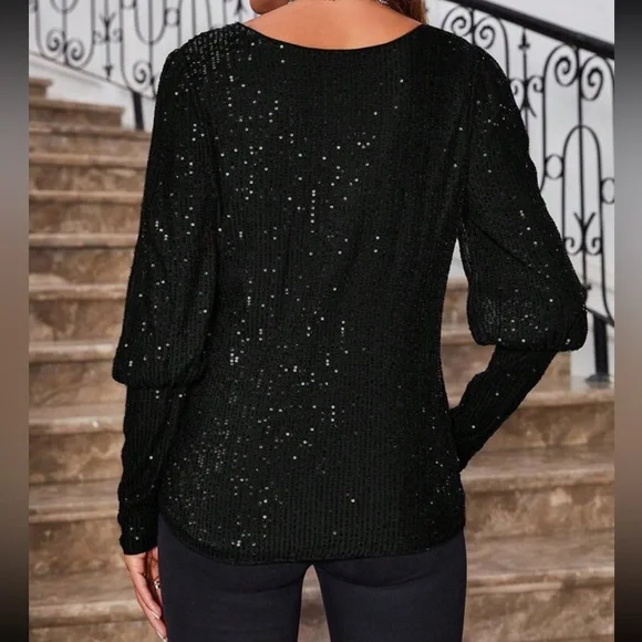 Luxe Sequin Cuff Long Sleeve Evening Party Formal Top Blouse Shirt Hot Pink - Picture 9 of 11